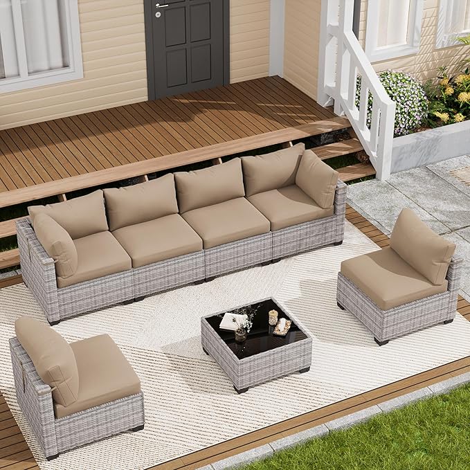 LOUVIXA 7 Piece Outdoor Patio Furniture Set, Outdoor Sectional Sofa, Wicker Rattan Patio Furniture, Patio Conversation Set with Coffee Table & Cushions