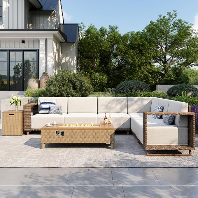 MIXPATIO Patio Sectional Furniture Set with Fire Pit, 6 Seats Outdoor Wicker Sofa, Yellow Rattan Modular Conversation Sets with 10" Thick Cushions, L Shape Low Profile Lawn Deck Garden Furniture