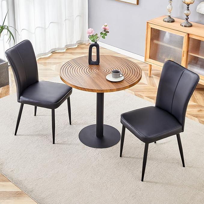 Round Dining Table Set with 2 Black PU Chairs, 31.5 Inch Dark Wood Grain Table with Suction Molding Annular Texture and Vertical Stripe Design, Modern Minimalist for Dining Room