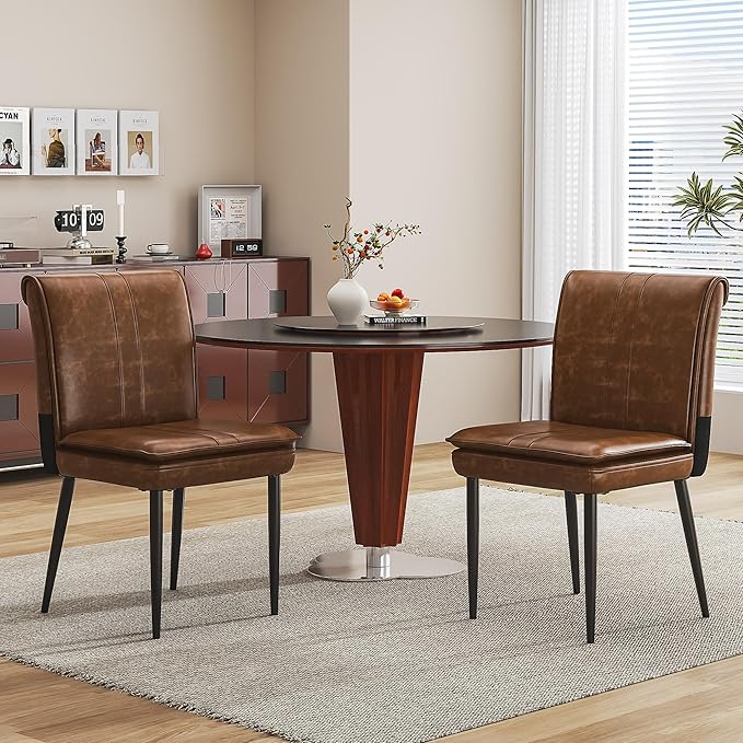 VECELO Upholstered PU Dining Chairs Set of 2, Kitchen Chairs with Padded Seat for Living Room, Dining Room, High Back and Steel Legs, Easy Assembly, Brown