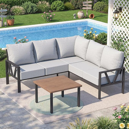 Outdoor Furniture Set, 6 Pieces Outdoor Couch Sectional, L Shaped Metal Patio Corner Sofa with 6” Thick Cushions, Patio Seating Conversation Set, Light Grey