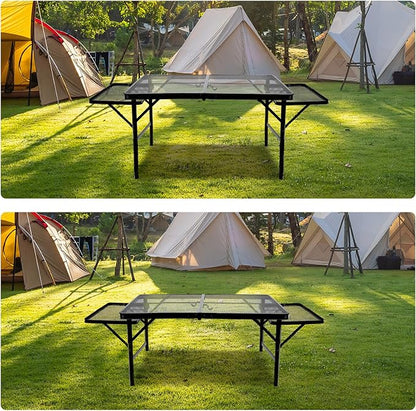 BRIAN & DANY 3x2 FT Camping Table with 2 Wing Panels, Folding Grill Table, Metal Portable Picnic Table, Lightweight Height Adjustable Foldable Table for Outdoor, Black