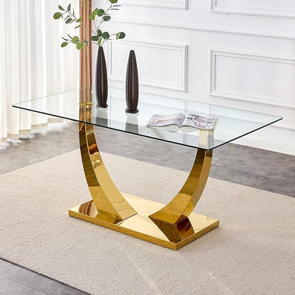 63" Gold Dining Room Table, Glass Dining Table for 4-6 with Rectangular Tempered Glass Tabletop, Modern Kitchen Table with Glossy U Shape Stainless Steel Base for Kitchen Dining Room