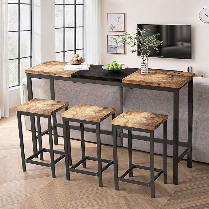 Merax 4 Piece Block-Color Pub Dining Table Set,Modern Bar Table Set with 60.24 Long Dining Table w/Hanging Stool Design and 3 Stools,for Breakfast Nook Living Room Small Space Restaurant,Natural+Black