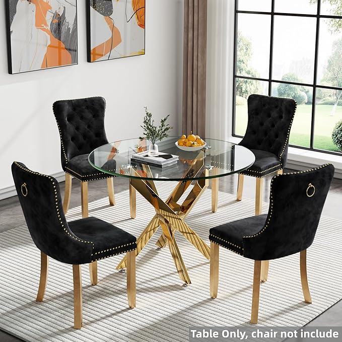 SSLine 35.4" Round Glass Dining Table for 2-4 Modern Circle Glass Tabletop Kitchen Table for 4 Luxury Dinner Tables with Gold Metal Legs for Home Kitchen Dining Room(Table Only)