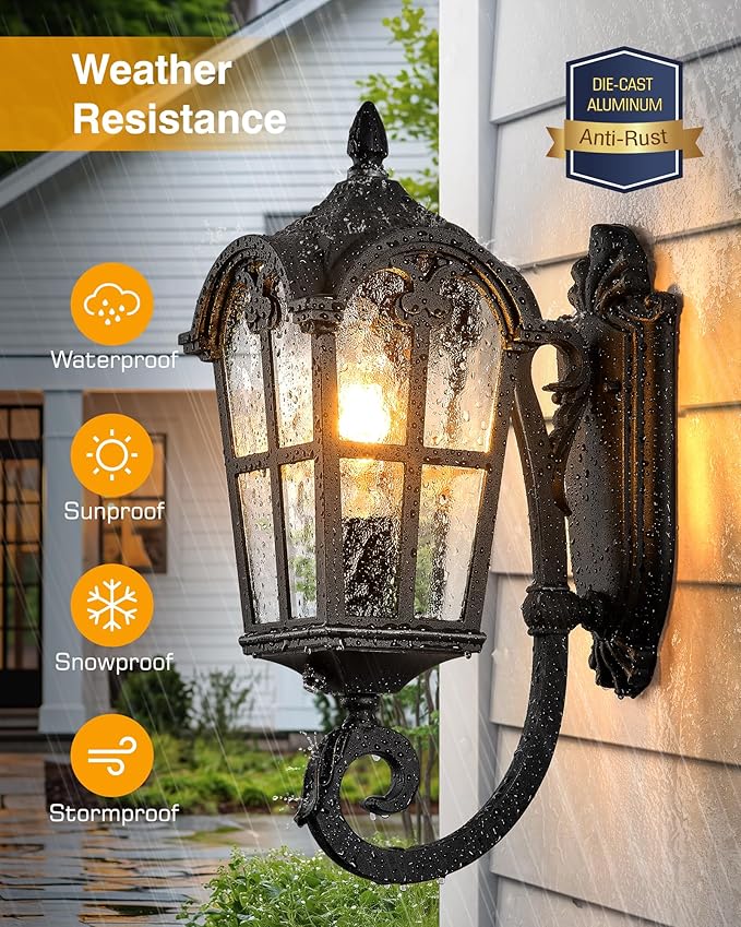 VIANIS Black Dusk to Dawn Outdoor Lighting, Vintage Outdoor Sconce Lights with Water Ripple Glass, 100% Aluminium Anti-Rust Waterproof Patio Wall Light Fixture, Outside Porch Lantern for House Garage