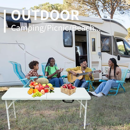 GlowSol Folding Table 4FT, Heavy Duty Portable Plastic Folding Table with Handle, Anti-Slip Feet, Waterproof, Easy to Clean, 300LBS Capacity, Foldable for Indoor Outdoor Use, White