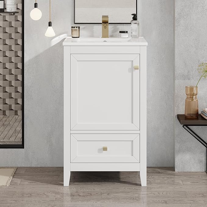 20" Bathroom Vanity with Ceramic Sink Top Set, Multi-Functional Storage Cabinet with Rack Organizer and Drawer, Soft-Closing Door, Solid Wood Frame, White