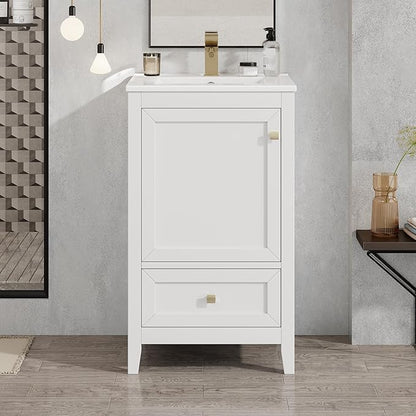 20" Bathroom Vanity with Ceramic Sink Top Set, Multi-Functional Storage Cabinet with Rack Organizer and Drawer, Soft-Closing Door, Solid Wood Frame, White
