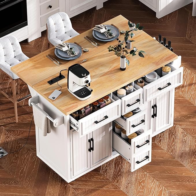 Ball & Cast 56.5" Large Kitchen Island with Drop Leaf and Power Outlet,Embossed Vertical Stripe Rolling Kitchen Cart on Wheels W/Adjustable Shelves,4 Doors & 5 Deep Drawers,for Dining Room,White