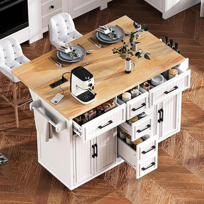 Ball & Cast 56.5" Large Kitchen Island with Drop Leaf and Power Outlet,Embossed Vertical Stripe Rolling Kitchen Cart on Wheels W/Adjustable Shelves,4 Doors & 5 Deep Drawers,for Dining Room,White