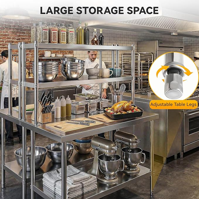 DWVO 30x24in Stainless Steel Table, NSF Metal Prep Worktable with Adjustable Overshelf for Kitchen Restaurant Hotel Garage Warehouse Home