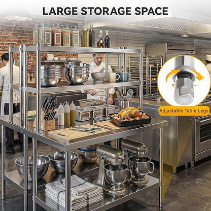 DWVO 48x24in Stainless Steel Table, NSF Metal Prep Worktable with Adjustable Overshelf for Kitchen Restaurant Hotel Garage Warehouse Home