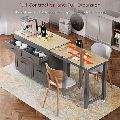 74.5 Inch Kitchen Island with Extendable Dining Table, Rolling on Wheels, Spice Rack, 2 Drawers, 4 Door Cabinet(Gray)