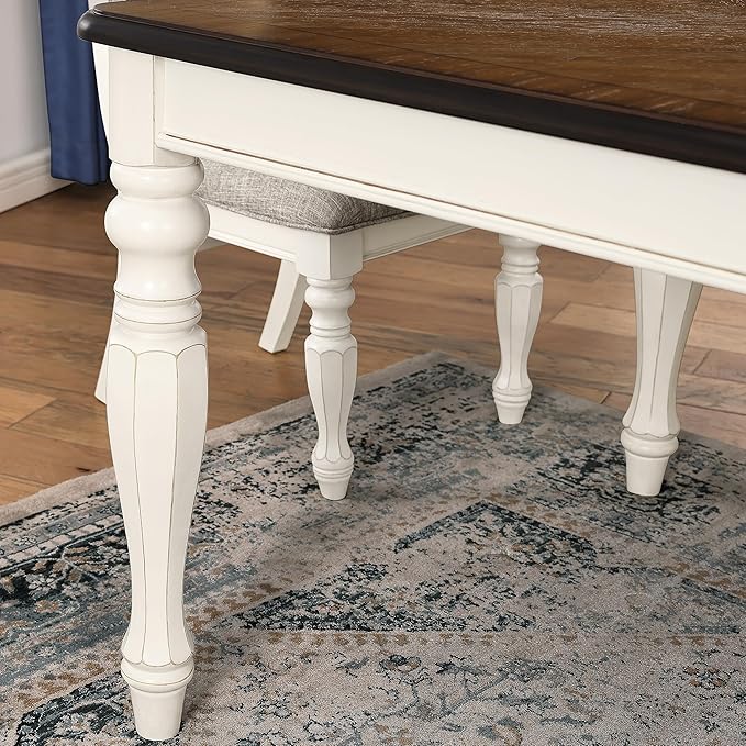 Roundhill Furniture Belleza French Country 74" Width Wood Dining Table, Table for 6, Antique White and Weathered Oak Finish