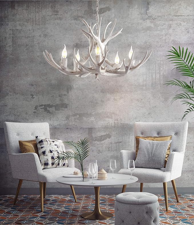 JONATHAN Y 30" White Rustic Resin Antler 5-Light LED Chandelier, Farmhouse Faux Deer Horn Hanging Ceiling Light for Dining Room, Kitchen Island, Adjustable Light Fixture (JYL6300B)