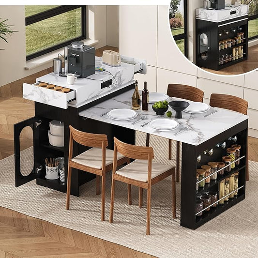 Harper & Bright Designs Extendable Kitchen Island Dining Table with Folding Tabletop, Mobile Bar Table with Drawers, Power Outlet & Wheels, Sideboard for Dining Room & Kitchen (Black+Marble White)