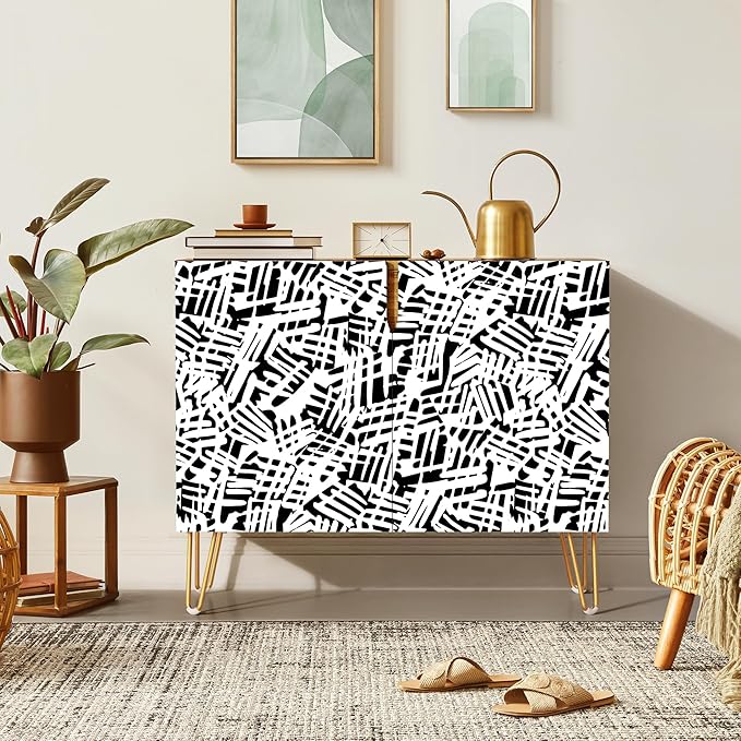 SIGNWIN Sideboard Buffet Cabinet, Kitchen Storage Cabinet with 2 Doors, Black & White Grunge Paint, Cupboard Console Table for Dining Room - 35" L x 18" W x 29" H