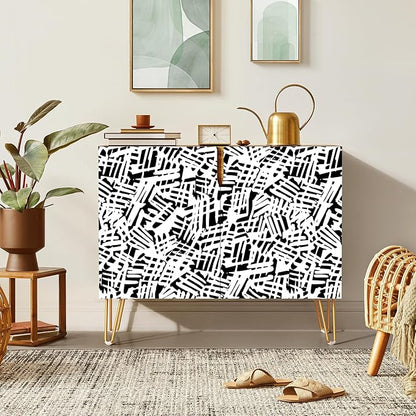 SIGNWIN Sideboard Buffet Cabinet, Kitchen Storage Cabinet with 2 Doors, Black & White Grunge Paint, Cupboard Console Table for Dining Room - 35" L x 18" W x 29" H