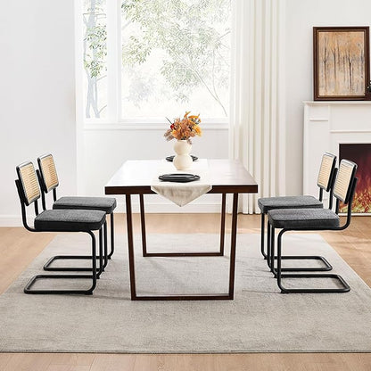Zesthouse Natural Rattan Dining Chairs Set of 4, Mid Century Modern Dining Chairs with Solid Wood Back & Black Matte Base for Kitchen, Breuer Design Inspired, Upholstered Linen Fabric, Dark Grey