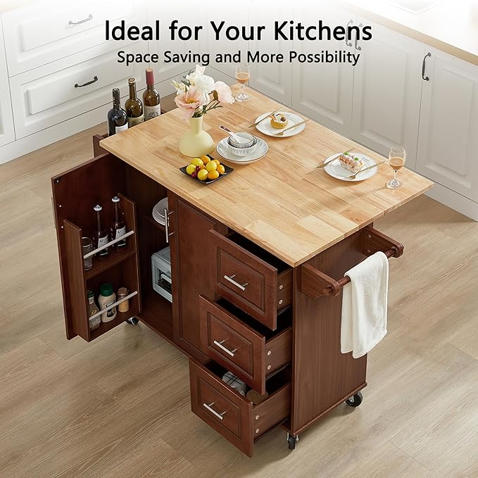 Modern Dining Table Expandable Kitchen Island with Drop Countertop Cabinet Tower Rack Rolling Cart Wheels Wood Console,Brown-3