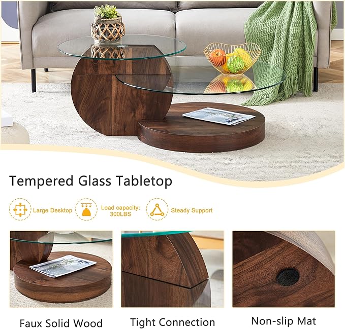Glass Coffee Table, Modern Round Glass Coffee Table with Wooden Base, 3 Tier Round Coffee Table, Clear Cocktail Table with Storage for Living Room, Office, Balcony (42″ Walnut)
