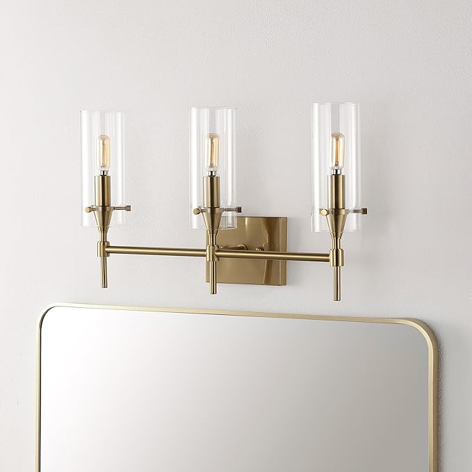 JONATHAN Y 21.25" Brass Gold/Clear Modern Farmhouse LED Vanity Light Sconce, Clear Glass Cylinder Shade, Wall Lamp for Bathroom Mirror Hallway Entryway, LED Bulb Included (JYL7807C)