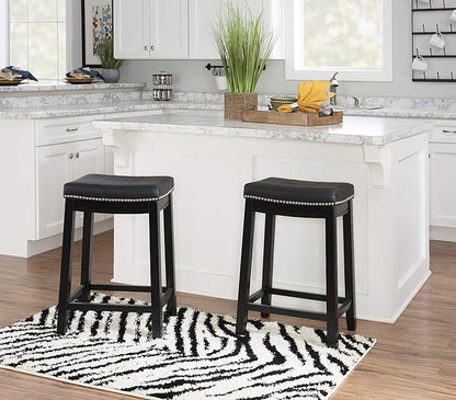 Linon Kingston Black Wooden Backless 26.5 Inch Seat Height Counter Stool with Black Faux Leather Upholstered Seat and Nailheads, Set of 2