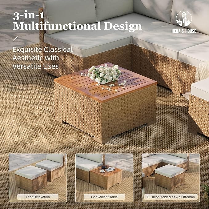 HERA'S HOUSE Wicker Patio Furniture Set, 5 Pieces Outdoor Sectional Sets with 6 Seats, Rattan Conversation Set with Sofa and Wood Coffee Table for Garden and Backyard, l Shape Boho Balcony Couch Set