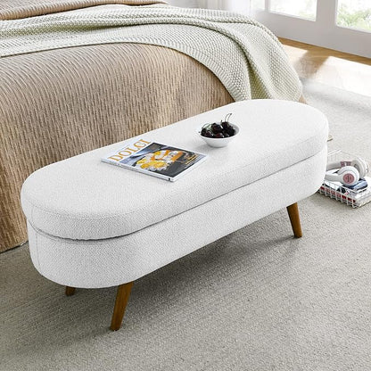Modern Ottoman Bench with Storage - Versatile Bedside Pouf, Footstool, Toy Storage Ottoman for Bedroom, Living Room, Hallway Entryway, Multi-Use Furniture,White-Linen