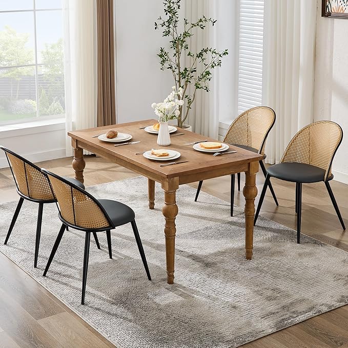 TYBOATLE Black Rattan Dinner Chairs Set of 4 with Faux Leather Cushion, Modern Dining Room Chairs w/Adjustable Foot Pads, Kitchen Boho Mid Century Upholstered