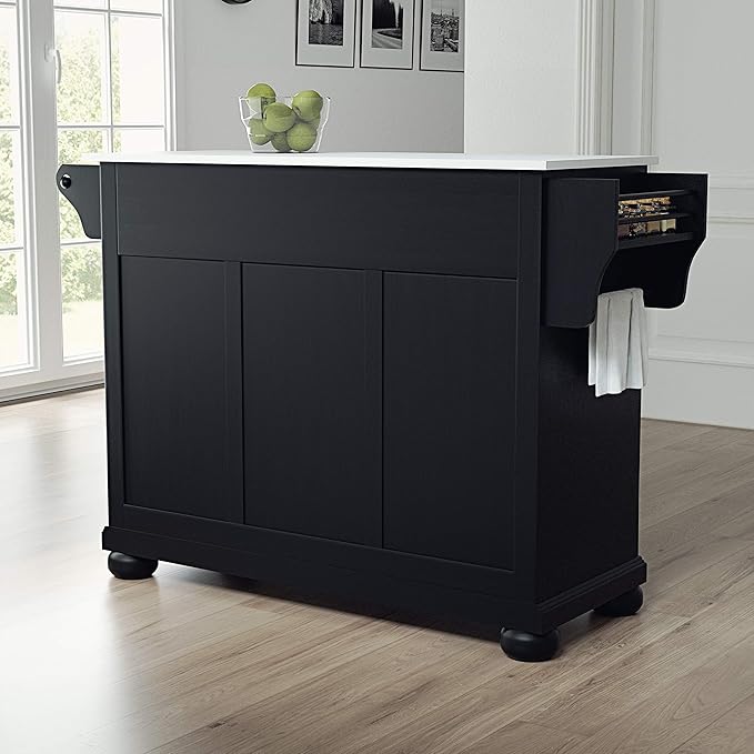Crosley Furniture Alexandria Stone Top Rolling Kitchen Island Storage Cart, Microwave Stand, Spice Rack, Black
