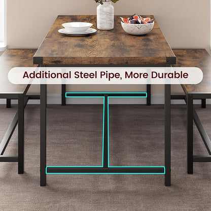 CABIHOME Dining Table Set for 4 with 2 Benches, Kitchen Table Set for 4-6 with Corner Protector, Dining Table and 2 Benches with H-Shaped Frame for Small Space, Kitchen, Apartment，Rustic Brown
