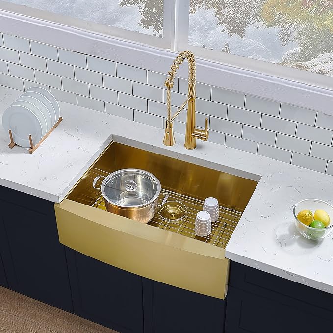 Hotis Gold Farmhouse Sink, 33 Inch Stainless Steel Farmhouse Kitchen Sinks, Single Bowl Burshed Gold Apron Front Farm Sinks, Brass Undermount Sink With Accessories