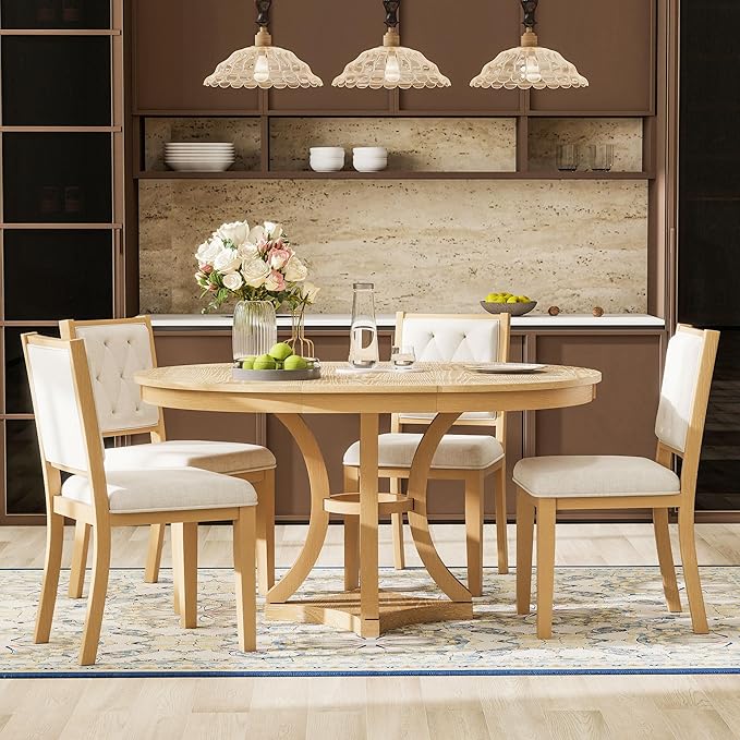 Vintage 5-Piece Extendable Round Dining Table Set for 4 with Chairs, Modern Wood Kitchen Table Set with Tufted Upholstered Chairs for Kitchen Dining Room Living Room (Natural)