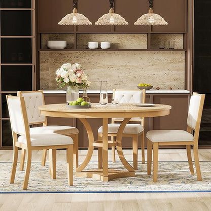 Vintage 5-Piece Extendable Round Dining Table Set for 4 with Chairs, Modern Wood Kitchen Table Set with Tufted Upholstered Chairs for Kitchen Dining Room Living Room (Natural)