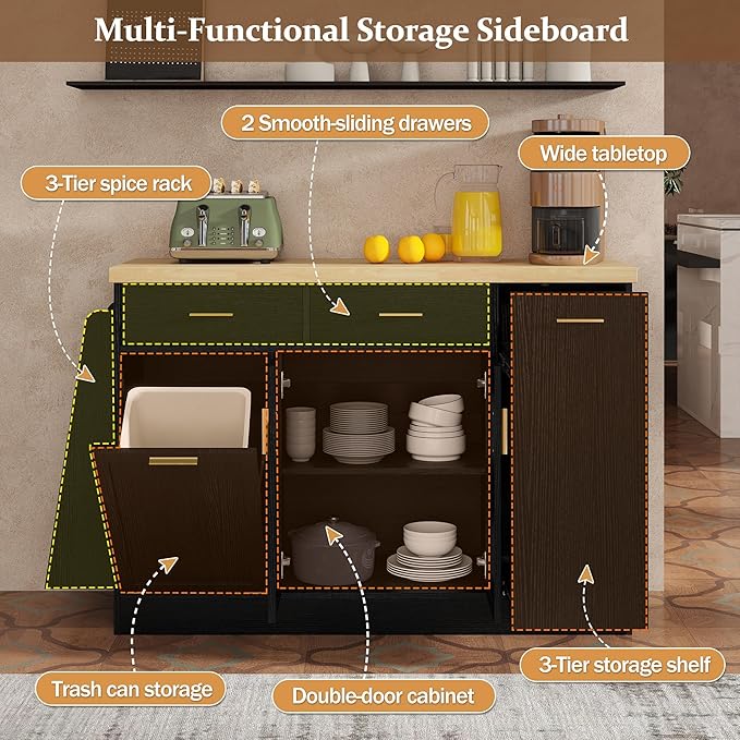 Multi-Functional Storage Sideboard – Stylish Kitchen Island Table with Trash Can Storage, Sliding Door Cabinet & 3-Tier Spice Rack for Kitchen & Dining Room(Black)