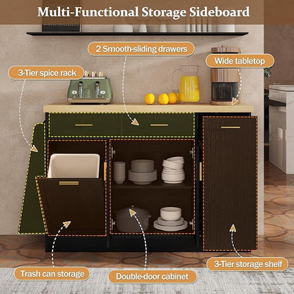 Multi-Functional Storage Sideboard – Stylish Kitchen Island Table with Trash Can Storage, Sliding Door Cabinet & 3-Tier Spice Rack for Kitchen & Dining Room(Black)