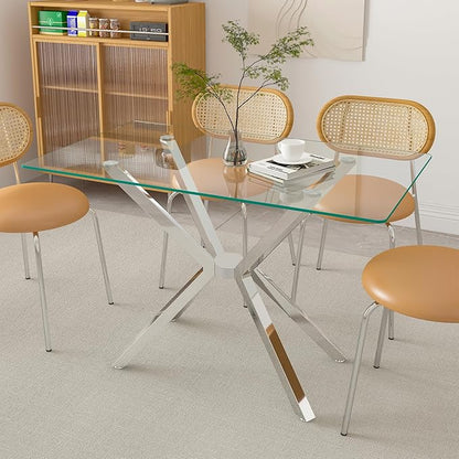 51.18" Rectangular Glass Dining Table, Tempered Glass Kitchen Tabe with Metal Legs, Stylish and Sturdy Dinner Table for Home and Outdoor Dining (Silver, 47.24")