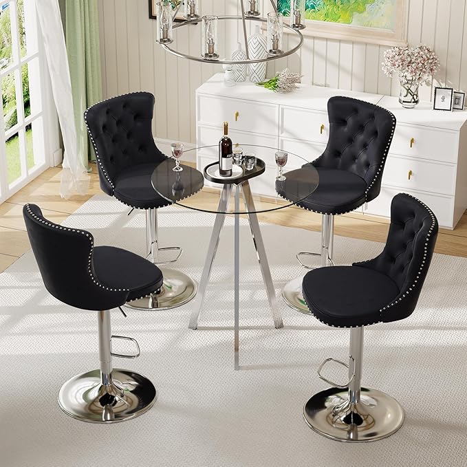 5 Pcs Round Glass High Top Bar Table Set, Rustic Swivel Barstools Island Chair, Small Circle Pub Table & 4 Adjustable Velvet Counter Stool with Back (Silver Metal Legs, Clear Top + Black Chair)