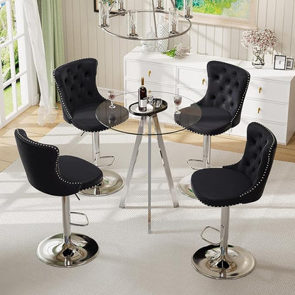 5 Pcs Round Glass High Top Bar Table Set, Rustic Swivel Barstools Island Chair, Small Circle Pub Table & 4 Adjustable Velvet Counter Stool with Back (Silver Metal Legs, Clear Top + Black Chair)