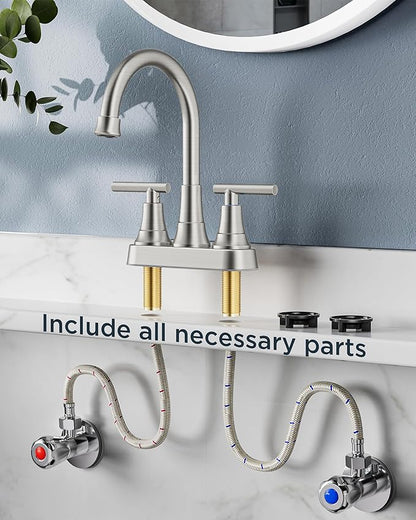 FORIOUS Bathroom Faucets Brushed Nickel, 4 Inch Centerset Bathroom Sink Faucet 2 or 3 Hole with Pop up Drain and cUPC Hose, Two Handles Control, 360° spout for Restroom,Vanity, Rv, 2 Pack