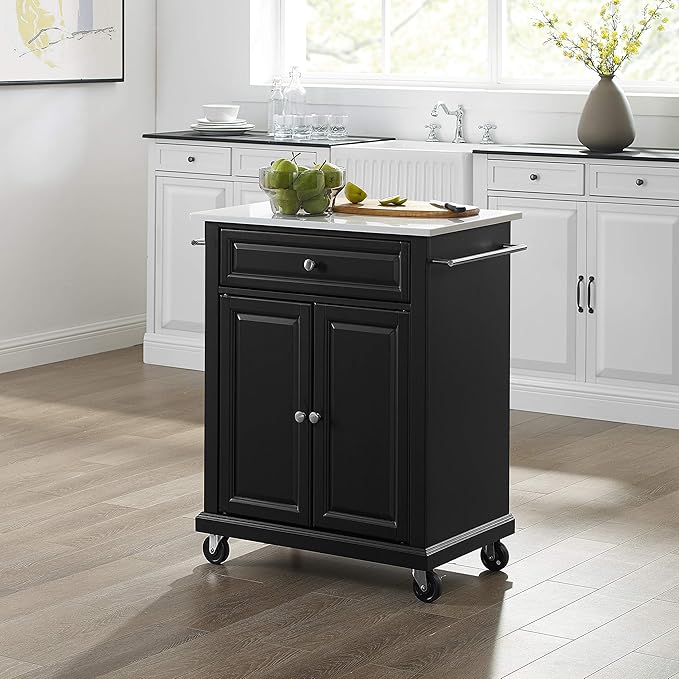 Crosley Furniture Compact Stone Top Small Rolling Cart with Shelves, Microwave Stand with Towel Rack, Black