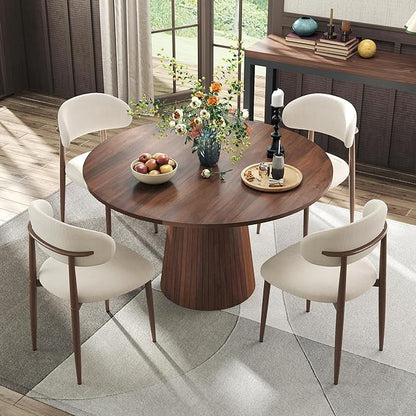Farmhouse Round Dining Table Set for 4, 47 in Kitchen Table with MDF Tabletop & Base, Beige Fabric Upholstered Chairs with Walnut-Grain Metal Legs for Home Small Apartment (1 Table+4 Chairs)