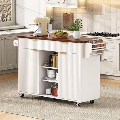 Merax Farmhouse 52 inch Kitchen Island on Wheels with Drop Leaf Table, Power Outlet, Wood Kitchen Rolling Cart with Faux Marble Top & 2 Doors & 2 Drawers, White