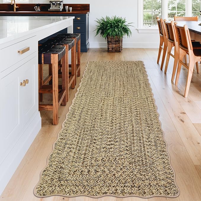 Imitation Braided Collection-Print 2x8 Runners for Hallway Non Slip Washable Kitchen Rugs, Farmhouse Rustic Bordered Area Rug Soft Low Pile Indoor Carpet Runners for Entryways, Living Room