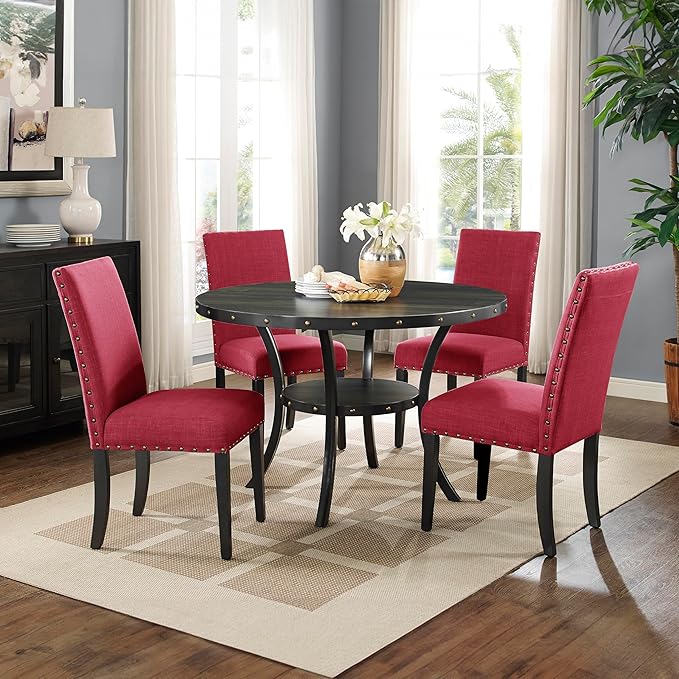 Roundhill Furniture Biony Fabric Dining Chairs with Nailhead Trim, Set of 2, Red