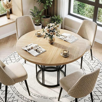 Garvee Round Dinning Table for 4-6 - 47" Circle Dinner Table with Storage Shelf & Sturdy Metal Frame, Modern Breakfast Tea Desk for Kitchen, Living Room, Apartment, Office, Natural
