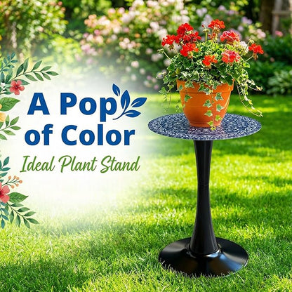 Simmer Stone 13.4" Outdoor Side Table, Round Patio Bistro Table Printed Tempered Glass Top, Waterproof Rust-Proof Base, Small Plant Stand for Balcony, Garden, Deck, 21.6" H (Blue Maze)