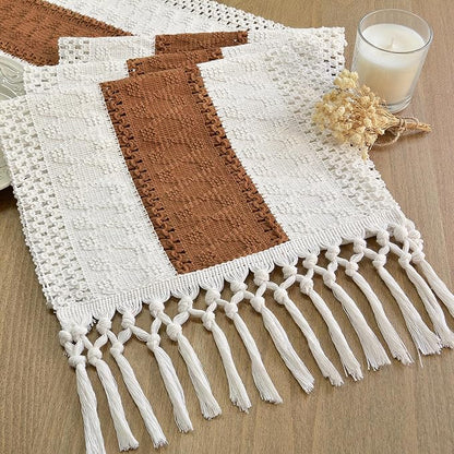 FEXIA Boho Table Runner with Tassels 12x72 Inches for Home Decor Farmhouse Rustic Macrame Hollow-Out Table Decoration for Living Room and Dining Room, Reddish Brown